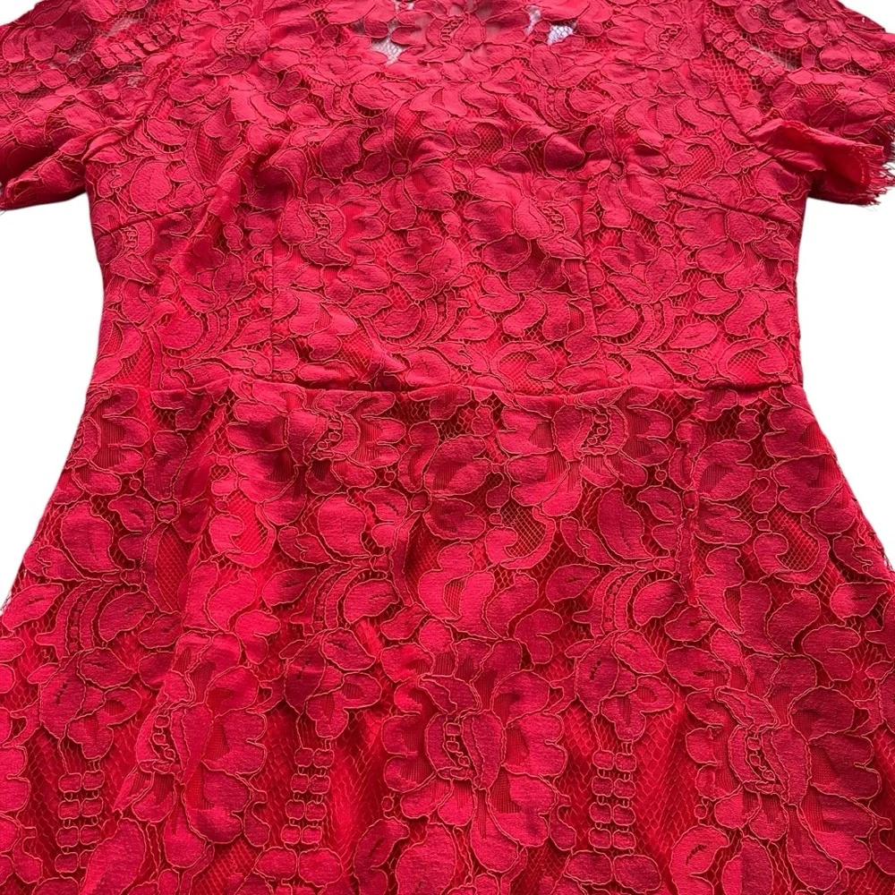 MSLG Womens Sz Large Bright Red Floral Lace Short Sleeve Round Neck A-line Dress
